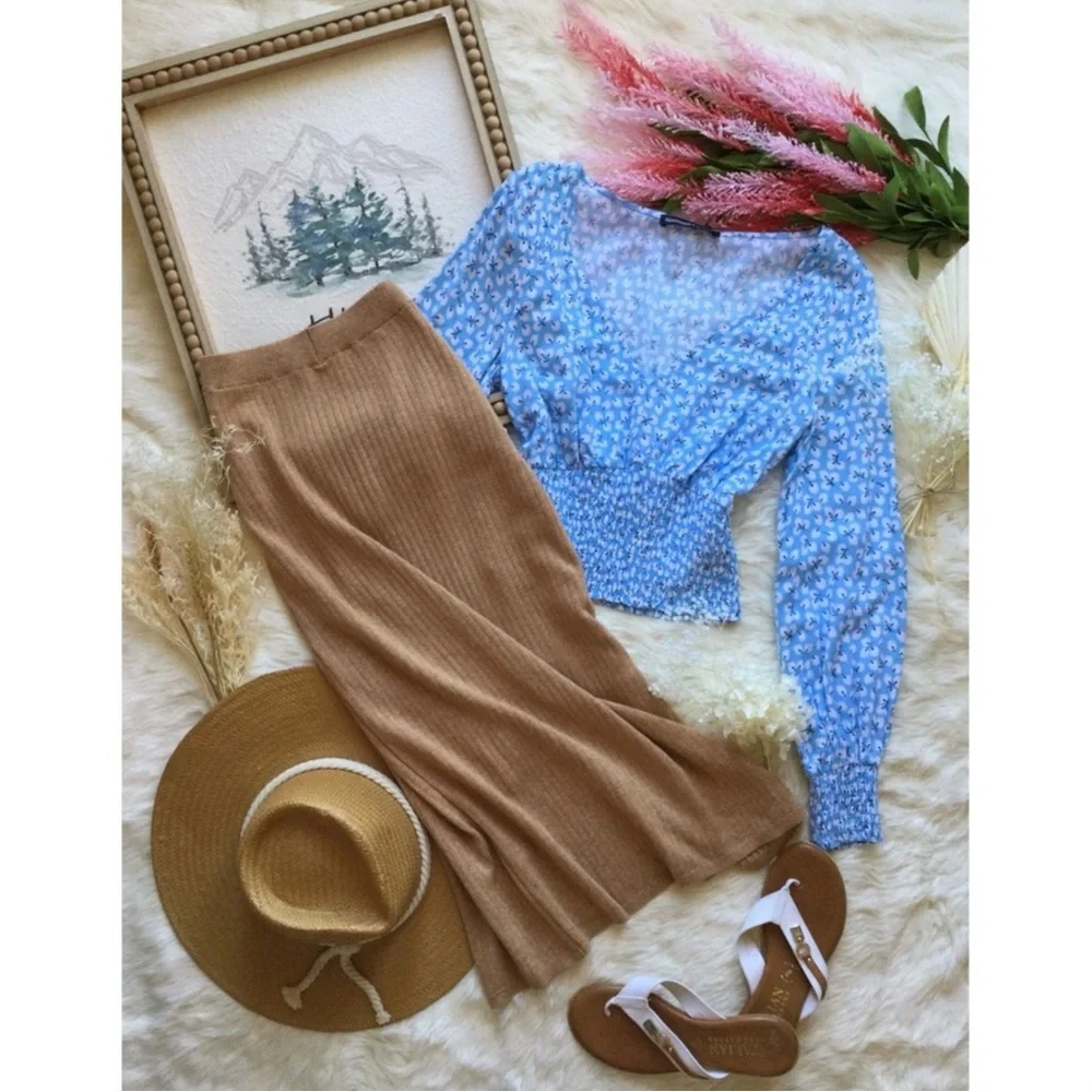 Free People XS Heathered Brown Ribbed Knit Slit Midi Skirt Western Boho Neutral - Picture 12 of 14
